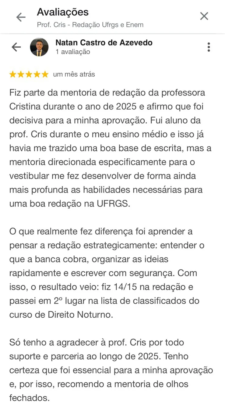 Avaliação Google de Natan Castro de Azevedo sobre a professora Cris